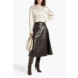 $395 Vince Cream Satin Pearl Button Down Band Collar Blouse Large NEW V312